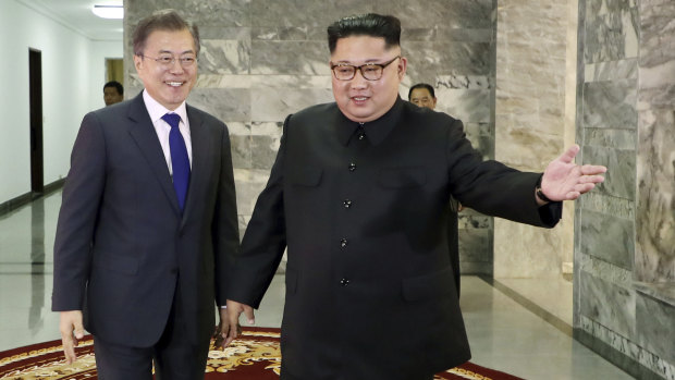 South Korea's Moon Jae-in with Kim Jong-un in North Korea last month.
