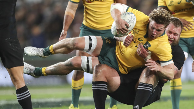 Big claim: Australia's Michael Hooper is tackled by Joe Moody during the Bledisloe Cup match at Eden Park