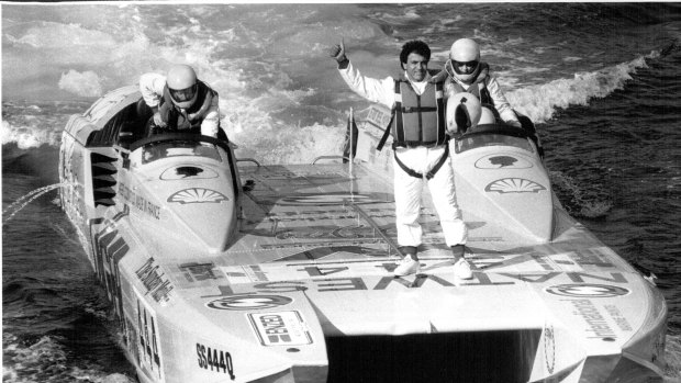 Stefan Ackerie rides on the powerboat 'Jaegar Paris' before a race in 1990.