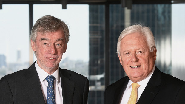 Lindsay Maxsted (left) and his replacement as the next Westpac chairman, John McFarlane.