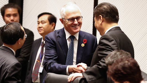 Malcolm Turnbull speaks with Xi Jinping at an APEC summit in 2017.  