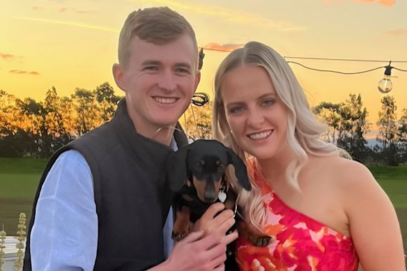 Josh Fishlock and Georgia Gardner with their miniature dachshund Valerie before she went missing on a camping trip.