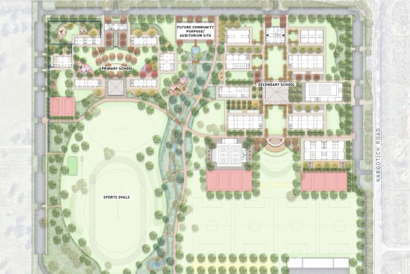 Concept plans for the school, drawn up in July 2023, show four soccer fields, sports ovals and a “future community purpose/ auditorium site.”