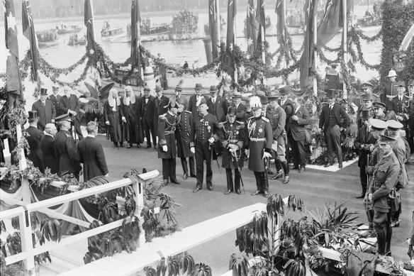 "Accompanied by the Governor-General, his Royal Highness (centre of photo, second from right) then inspected the guard of honour..." June 16, 1920