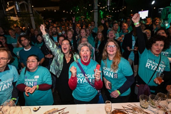 Supporters of teal independent Monique Ryan at the Auburn Hotel during the election campaign. 