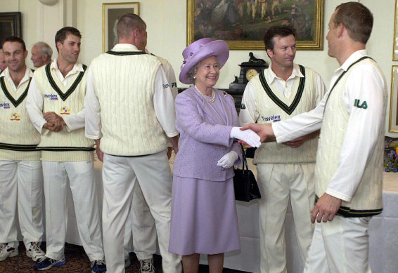 The late Queen Elizabeth meets the Australian team at Lord’s in 2001. Until 1999, the Queen was the only woman allowed to enter the Long Room.