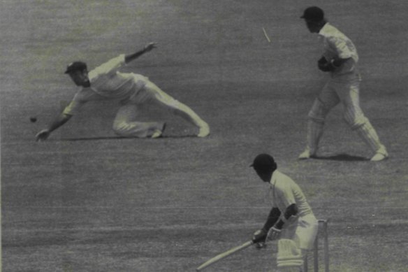 Australian captain Bob Simpson in second slip dives for a chance against India in 1977.