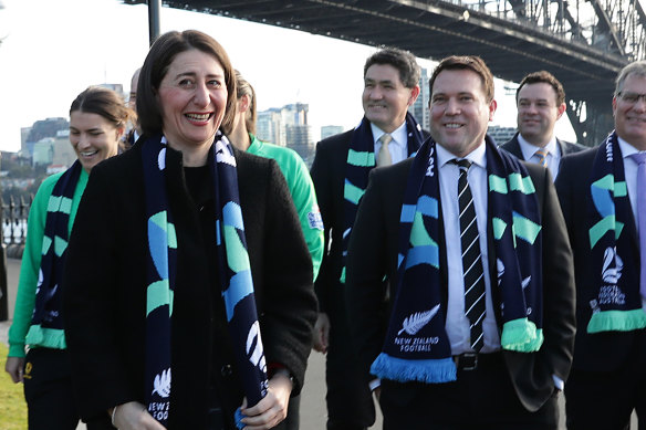 FA chief executive James Johnson with NSW Premier Gladys Berejiklian on the morning after the 2023 Women’s World Cup hosting rights were awarded to Australia and New Zealand.