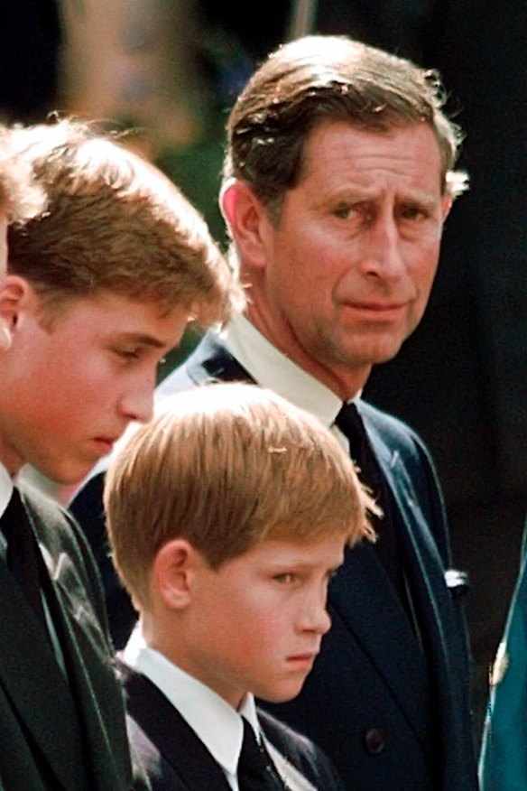 Princes William and Harry with their father during Diana’s funeral.