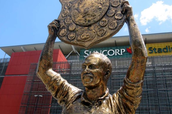 One year after the flood and back on dry land, the Wally Lewis statue no longer needs its water wings.