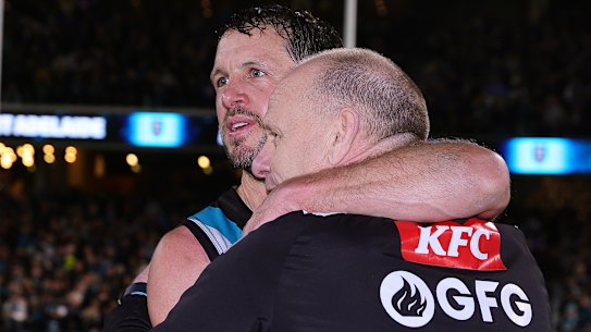 Travis Boak and Ken Hinkley after the Power’s famous win over the Hawks in the 2024 finals.