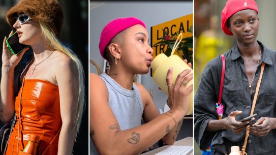 On the street at New York Fashion Week Water bottles were a common accessory. Melbourne-based comedian and model Aurelia St Clair (centre) posted about their 2 litre water bottle with the hashtag #emotionalsupportwaterbottle. 