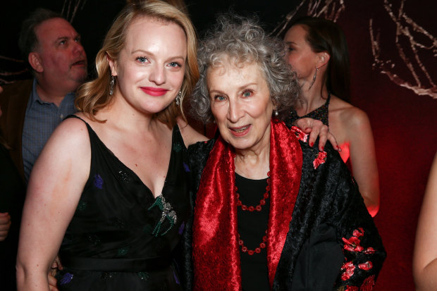 Atwood with actor Elisabeth Moss, who plays Offred in the TV adaptation of The Handmaid’s Tale.