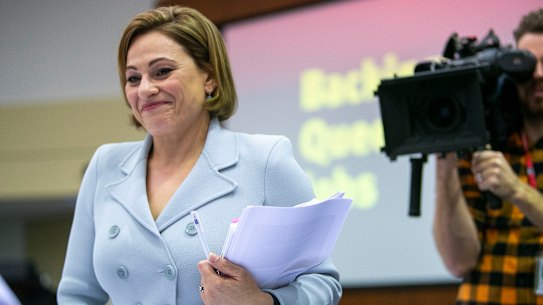 Treasurer Jackie Trad in the 2019 Queensland budget lockup.