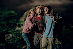 Actor, Emma Watson (L) Rupert Grint (M) and Daniel Radcliffe (R) on the set of the film 'Harry Potter and The Prisoner of Azkaban', London, England, 2003