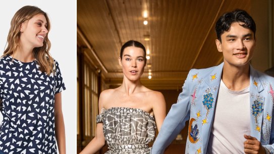 A $2.50 Kmart design and models Jay Coolahan (wearing Reigner) and Clare Walker (wearing Paul McCann) at the Melbourne Fashion Festival program launch. 