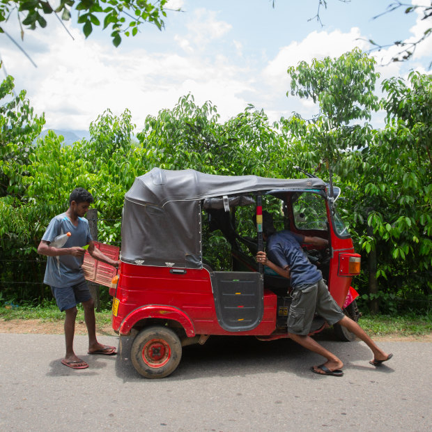 Young men push a stalled tuk-tuk on a road through a cinnamon plantation in Kuruwita.  