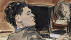 A courtroom sketch of FTX founder Sam Bankman-Fried at the defence table.