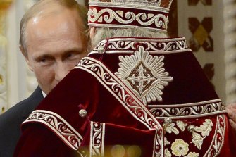Putin in 2015 with Patriarch Kirill, the head of the Russian Orthodox Church. Kirill claimed, bizarrely, that the invasion was about stopping the tide of “gay parades” from the West.