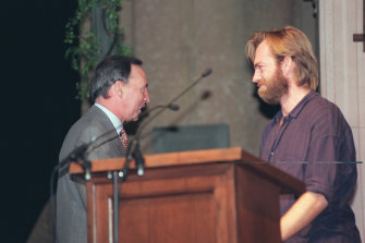 Paul Keating and Hugo Weaving at the 1996 speech at which the former prime minister accused the Liberals of trying to “gut the arts”.