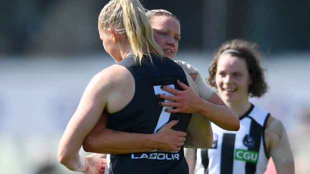 Tayla Harris and Stacey Livingstone embrace after their meeting last year.