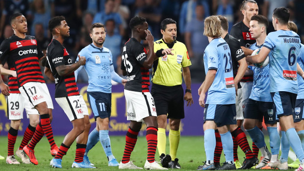 Things get heated between Western Sydney Wanderers and Sydney FC at Bankwest Stadium.