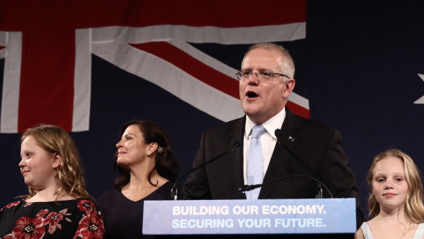 Prime Minister Scott Morrison speaks to Liberal Party supporters at his election party.