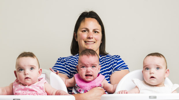 Emma Keen with her identical triplets (from left) Aleisha Keen, Maddilyn Keen, and Eloise Keen, all 7 months old. 