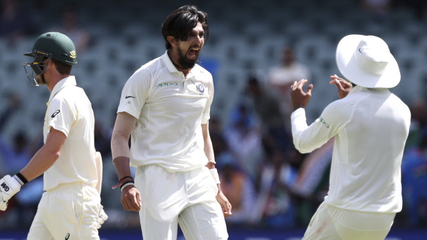 Spearhead: Ishant Sharma celebrates the wicket of Travis Head. 