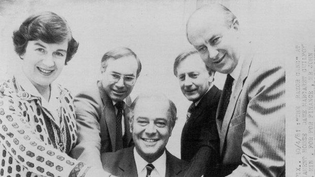 Finance Minister Dame Margaret Guilfoyle in 1981 with Treasurer John Howard, Minister for Commerce and Industry Sir Phillip Lynch, Minister for Industrial Relations Ian Vincer and Minister for Primary Industry Peter Nixon.