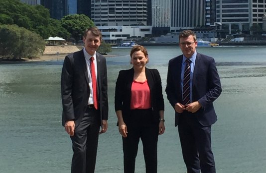 Graham Quirk, Jackie Trad and Cities Minister Alan Tudge after signing a statement of intent for a SEQ City Deal.