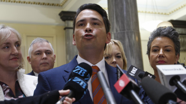 New Zealand Opposition Leader Simon Bridges speaks to reporters this week.