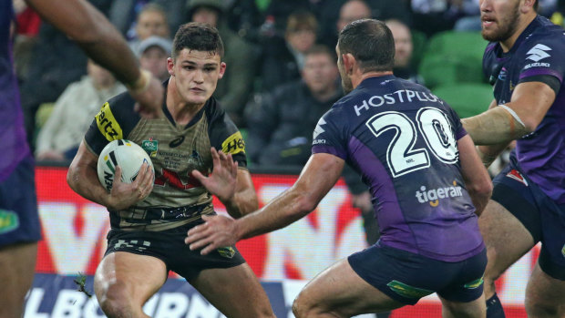 Nathan Cleary tries to give Cameron Smith the slip on debut.