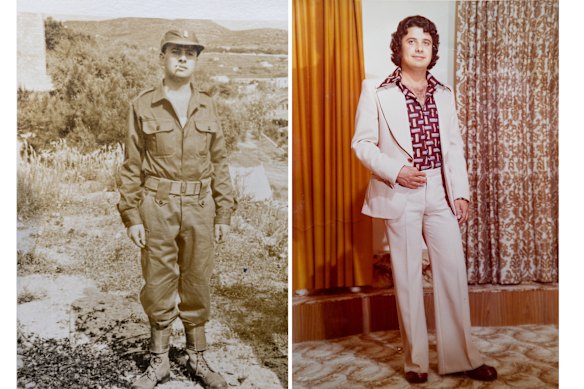 Jimmy pictured during his service in the Greek military, and (right) after arriving in Australia in 1975. 