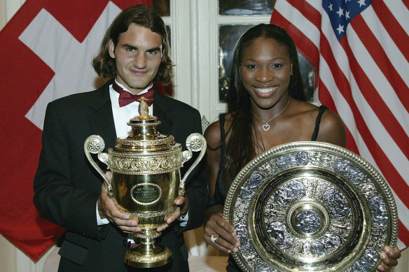 Roger Federer and Serena Williams with their Wimbledon trophies in 2003. It was the first of three times they have won in the same year.