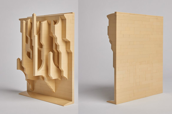 Front and back view of Ocean Wave (2021, Reconfigured Lego, 19 x 24.5 x 8.2cm), one of the sculptures in Jan van Schaik’s Lost Tablets series. The work is named after a 13-foot sailboat used by artist Bas Jan Ader in his attempt to cross the Atlantic in 1975. The boat was found, unmanned and partially submerged, with Ader presumed lost at sea.