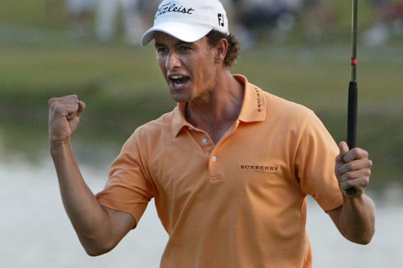 Adam Scott reacts to winning the Players Championship in 2004. 