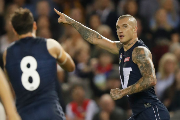 Dusty Martin celebrates a goal for Victoria in the 2020 Bushfire Relief match.