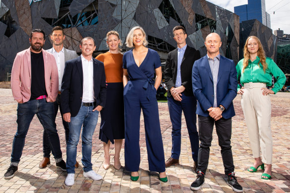 SBS’s 2022 Tour de France and Tour de Femmes team (from left): Christophe Mallet, Mark Renshaw, Simon Gerrans, Kate Bates, Dr Bridie O’Donnell, Matthew Keenan, David McKenzie and Gracie Elvin. 