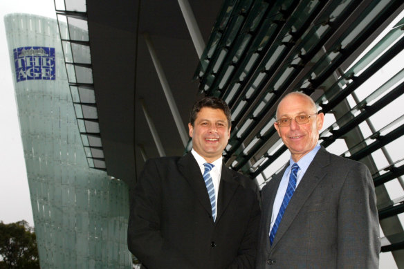 Then-premier Steve Bracks (left) with then-Fairfax chief executive Fred Hilmer at the opening of The Age’s (now former) print centre in Tullamarine in 2003.