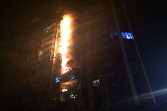 Fire tears up the side of Dockland's Lacrosse building in 2014. The fire prompted a review of flammable cladding on apartments.