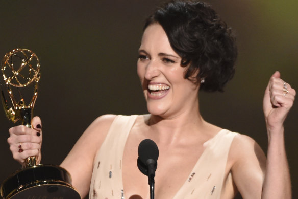 Phoebe Waller-Bridge accepts the award for outstanding writing for a comedy series for Fleabag.