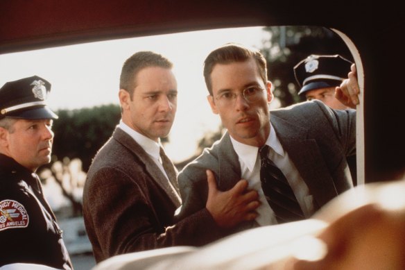 A still from the film of LA Confidential, featuring Russell Crowe and Guy Pearce.  James Ellroy had to cut a quarter of the book before it was published.
