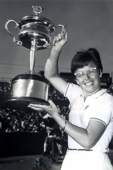 Billie Jean King after beating Margaret Court to win the Australian Women's Singles Tennis Championship in 1968.