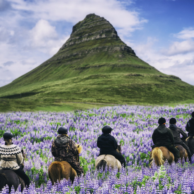 Tourists on horseback pass one of Iceland’s most recognisable mountains, Kirkjufell.