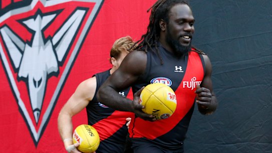 Anthony McDonald-Tipungwuti runs out with his side for the round 20 clash with the Swans at the MCG.