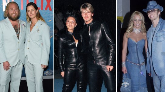 Victoria and David Beckham wearing matching Gucci leather suits in 1999 and Britney Spears with Justin Timberlake in denim at the AMAs in 2001.
