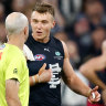 Carlton captain Patrick Cripps has a word with the umpire on Saturday afternoon.