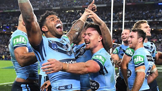 NSW celebrate their 2019 State of Origin series triumph.