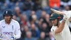 Mitch Marsh batting in the fourth test at Old Trafford in Manchester, England, in July. 